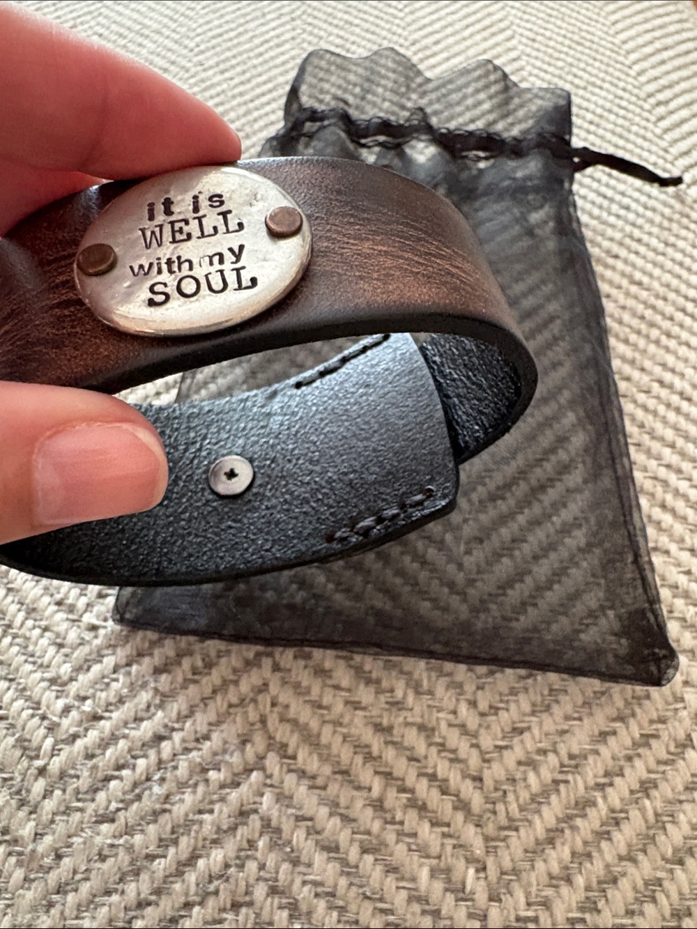 Brown Leather Cuff Bracelet with 'It Is Well With My Soul' Accent - Picture 3 of 3
